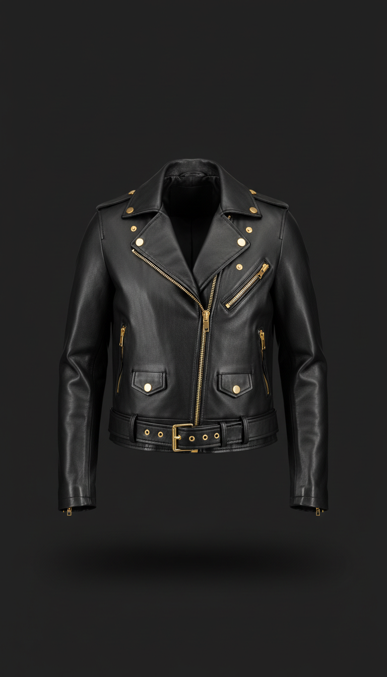 Black Leather Moto Jacket with Gold Hardware