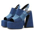 Women's Denim Fish Mouth Splice Platform Heel w/ Sling Back Strap