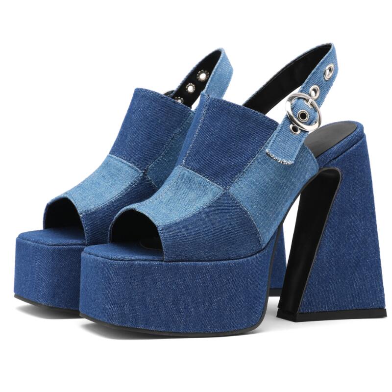 Women's Denim Fish Mouth Splice Platform Heel w/ Sling Back Strap
