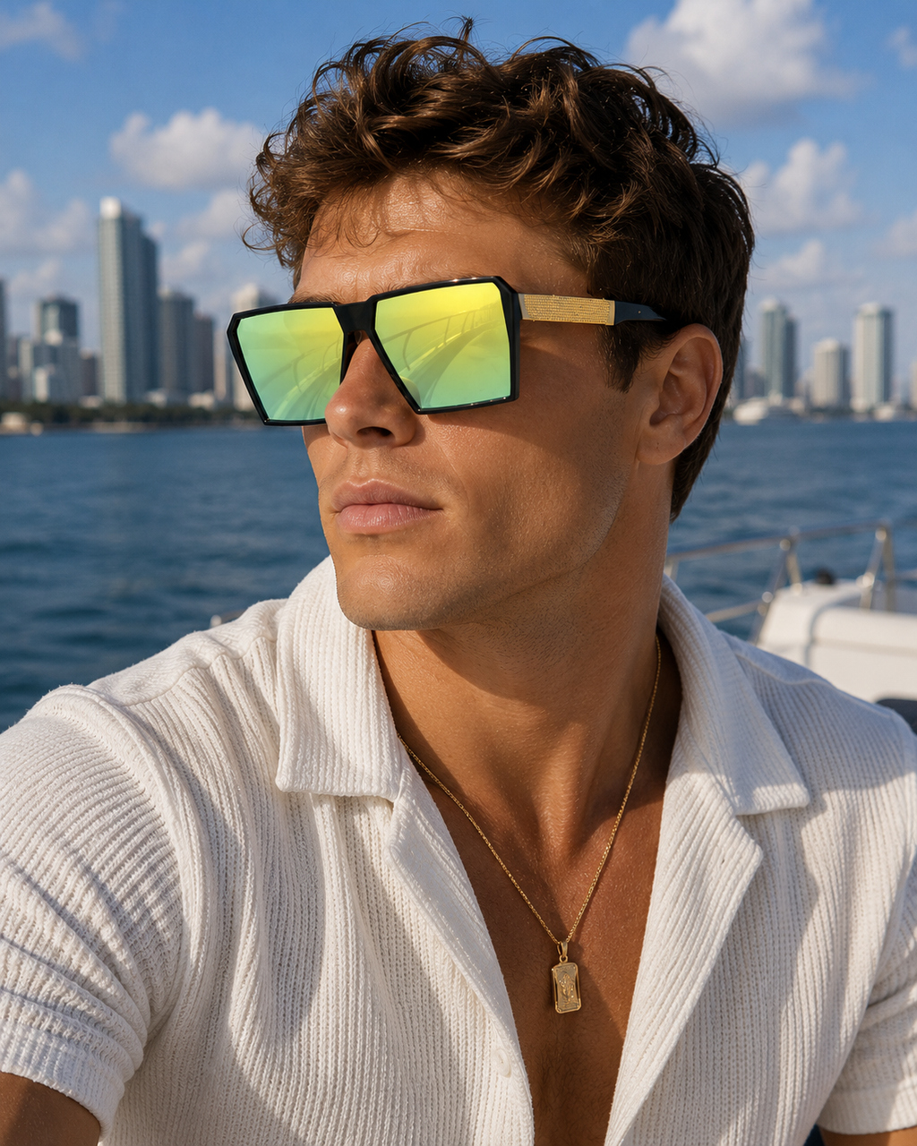New Unisex Retro Square Oversized Reflective Sunglasses w/ Gold Legs