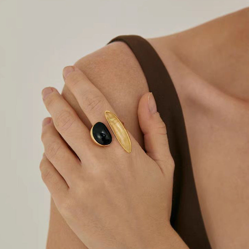 18K Gold Adjustable Ring w/ Faux Black Pearl
