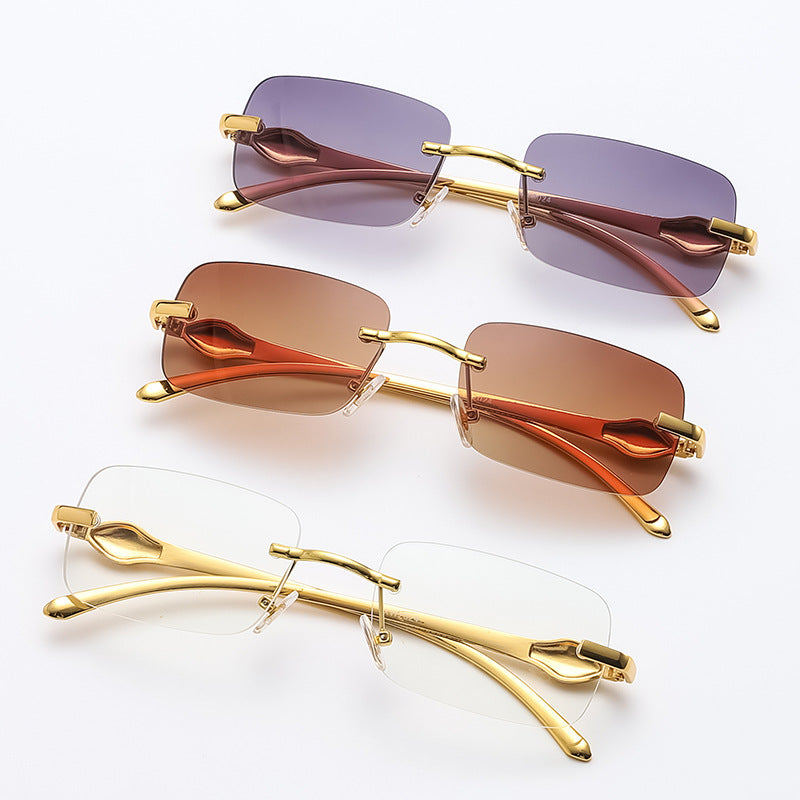 Small Frameless Rectangle Sunglasses w/ Metal Leopard Head