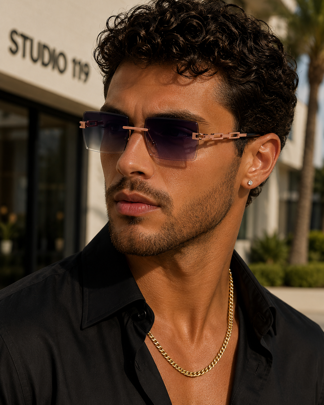 Unisex Rectangle Frameless Sunglasses W/ Metal Chain Leg