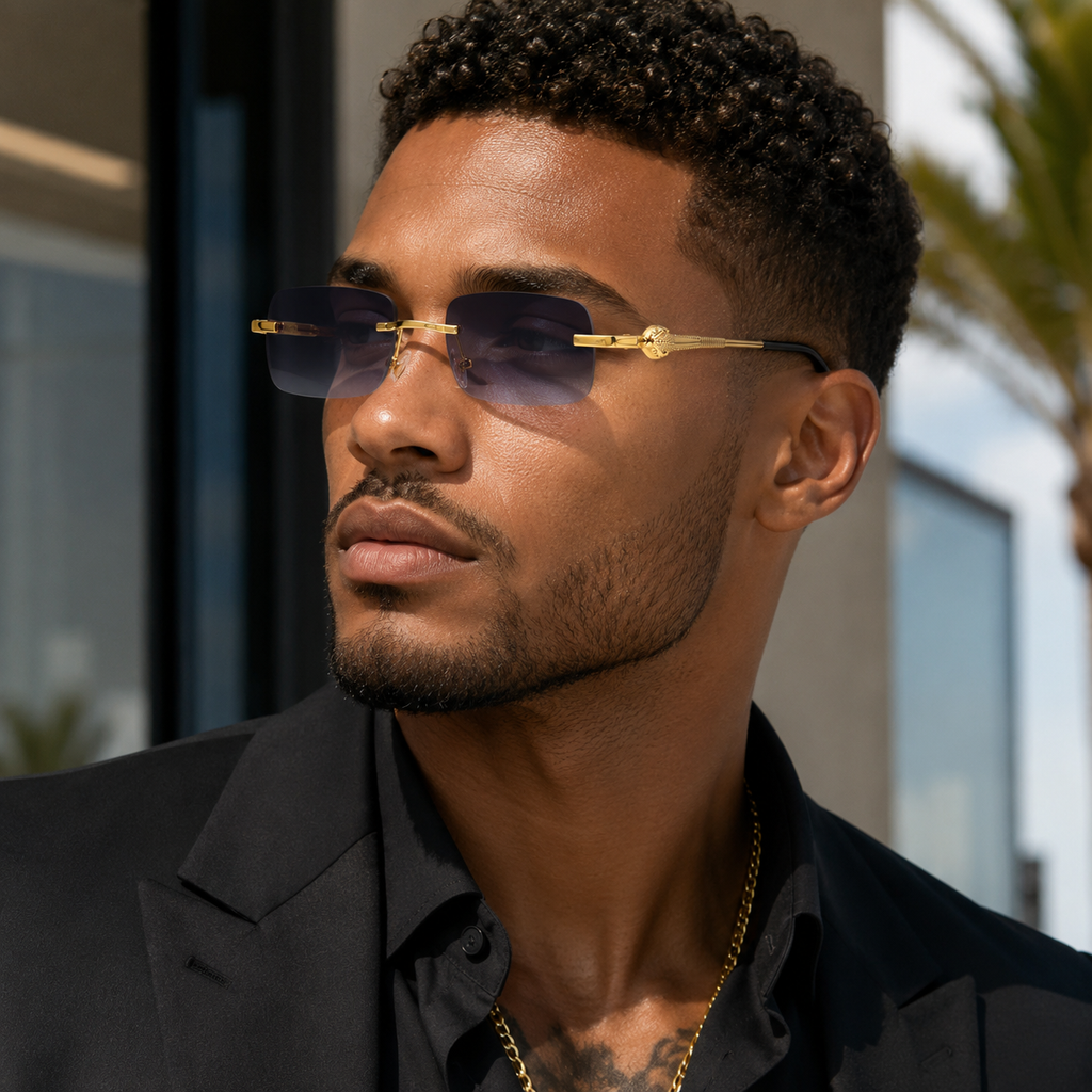 Small Frameless Rectangle Sunglasses w/ Metal Leopard Head
