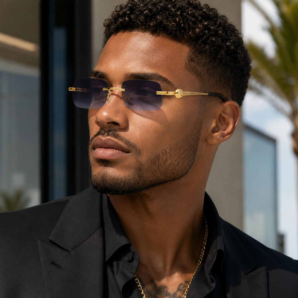 Small Frameless Rectangle Sunglasses w/ Metal Leopard Head