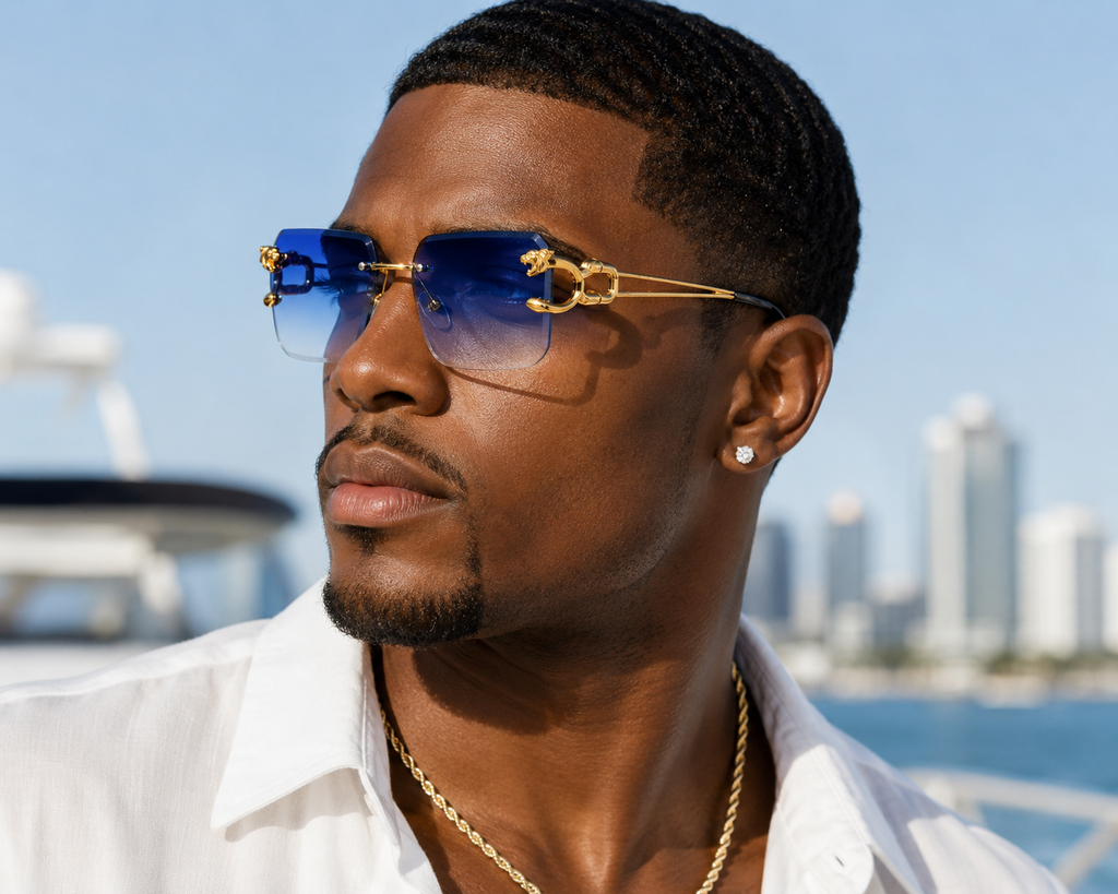 New Vintage Frameless Sunglasses w/ Gold Panther Head