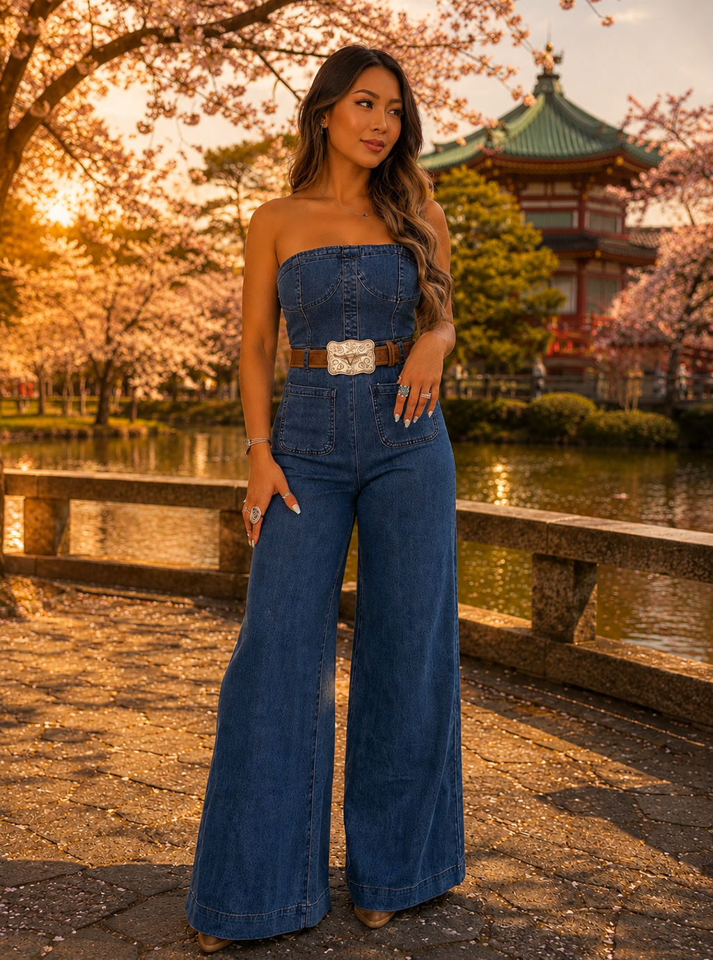 Tube Top Denim Print Wide-Leg Jumpsuit