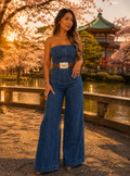 Tube Top Denim Print Wide-Leg Jumpsuit