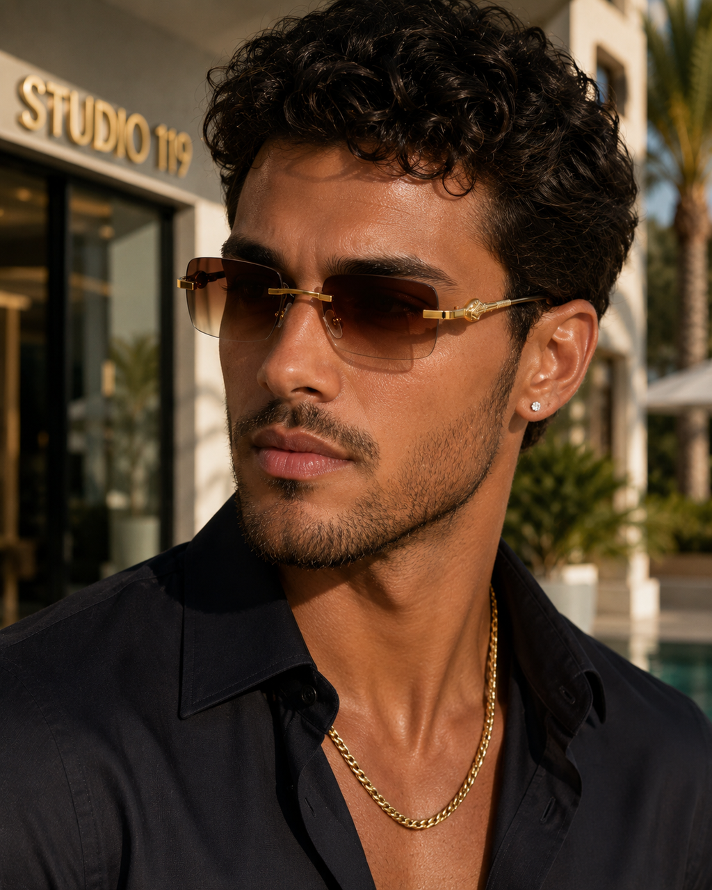 Small Frameless Rectangle Sunglasses w/ Metal Leopard Head
