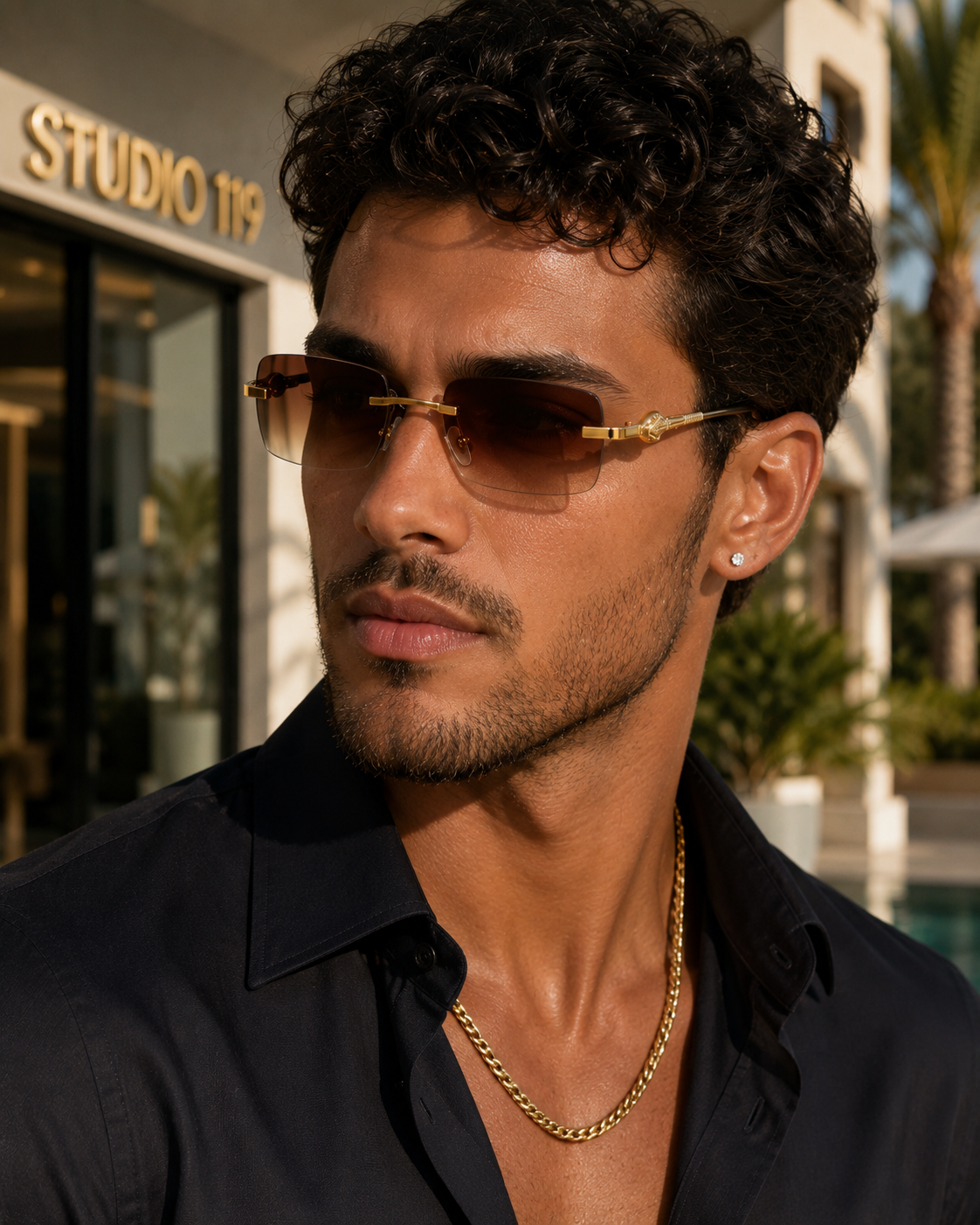 Small Frameless Rectangle Sunglasses w/ Metal Leopard Head