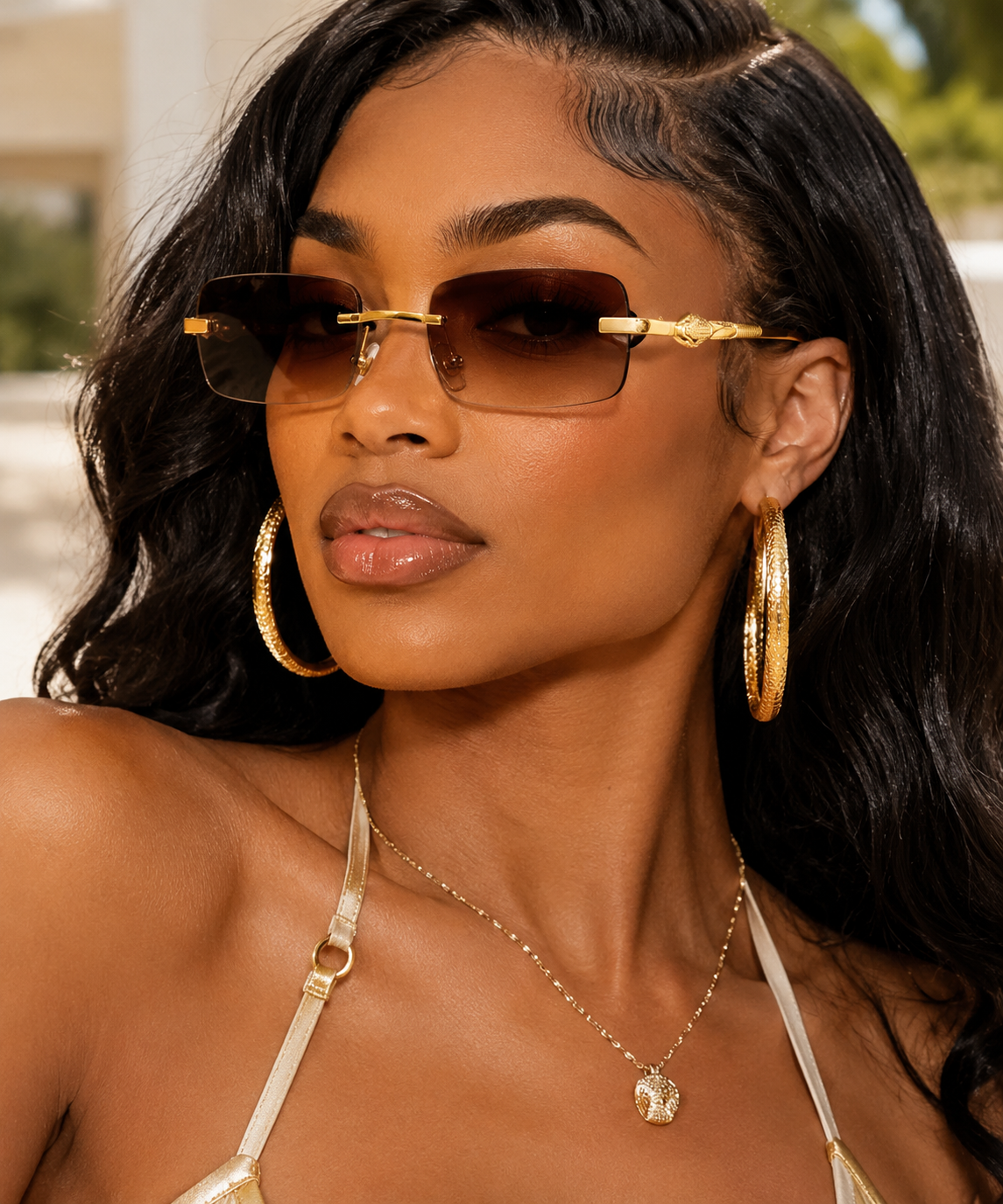 Small Frameless Rectangle Sunglasses w/ Metal Leopard Head