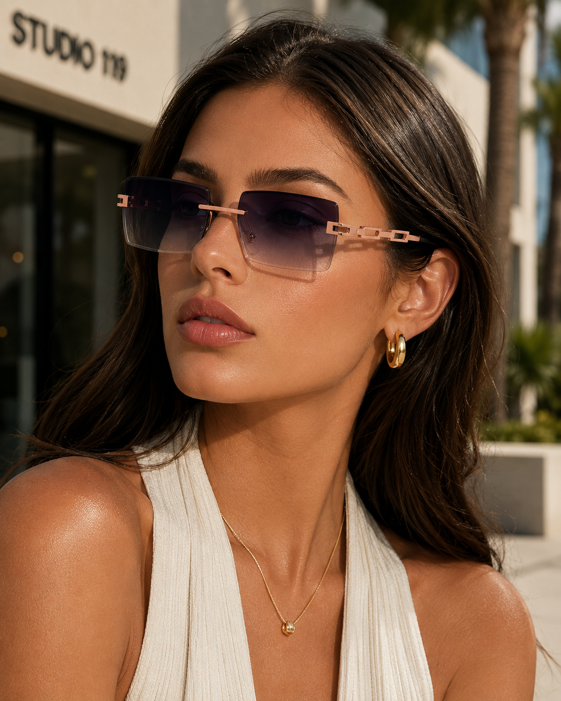 Unisex Rectangle Frameless Sunglasses W/ Metal Chain Leg