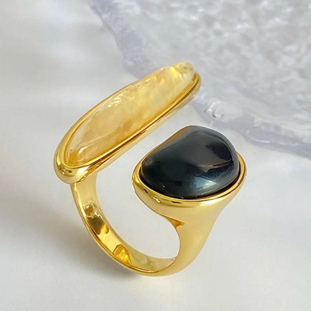 18K Gold Adjustable Ring w/ Faux Black Pearl