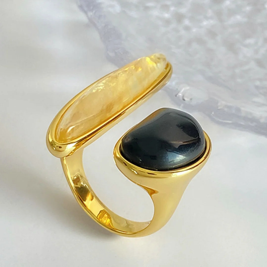 18K Gold Adjustable Ring w/ Faux Black Pearl