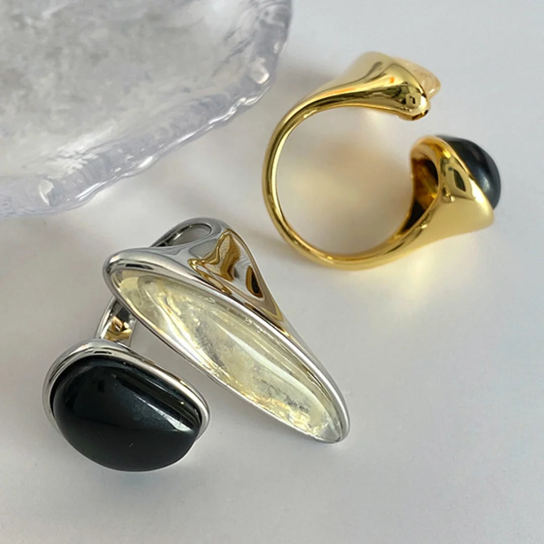 18K Gold Adjustable Ring w/ Faux Black Pearl