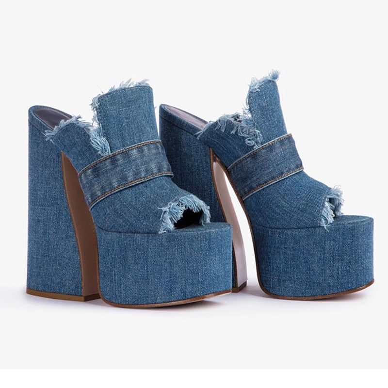 Women's Fish Mouth Denim Muller Platform Heel w/ Frayed Edges
