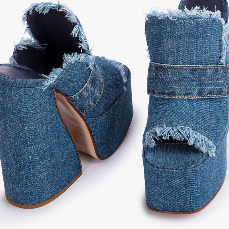 Women's Fish Mouth Denim Muller Platform Heel w/ Frayed Edges