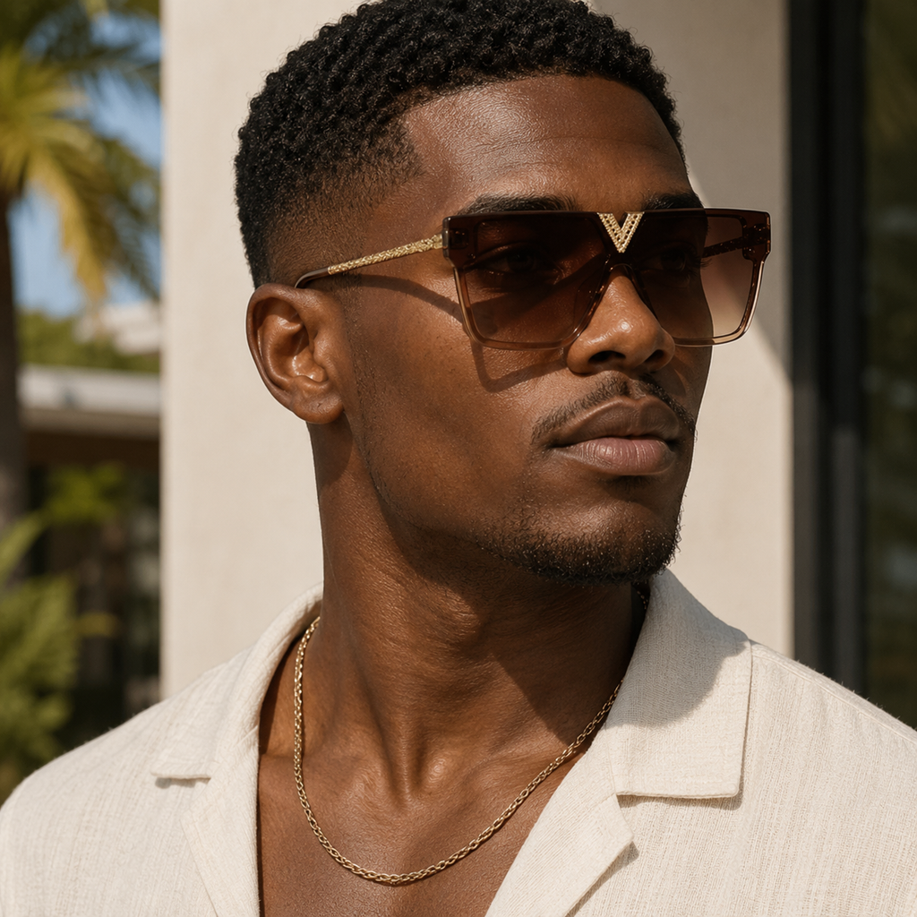 Square Flat Top Sunglasses w/ Gold V Detailed