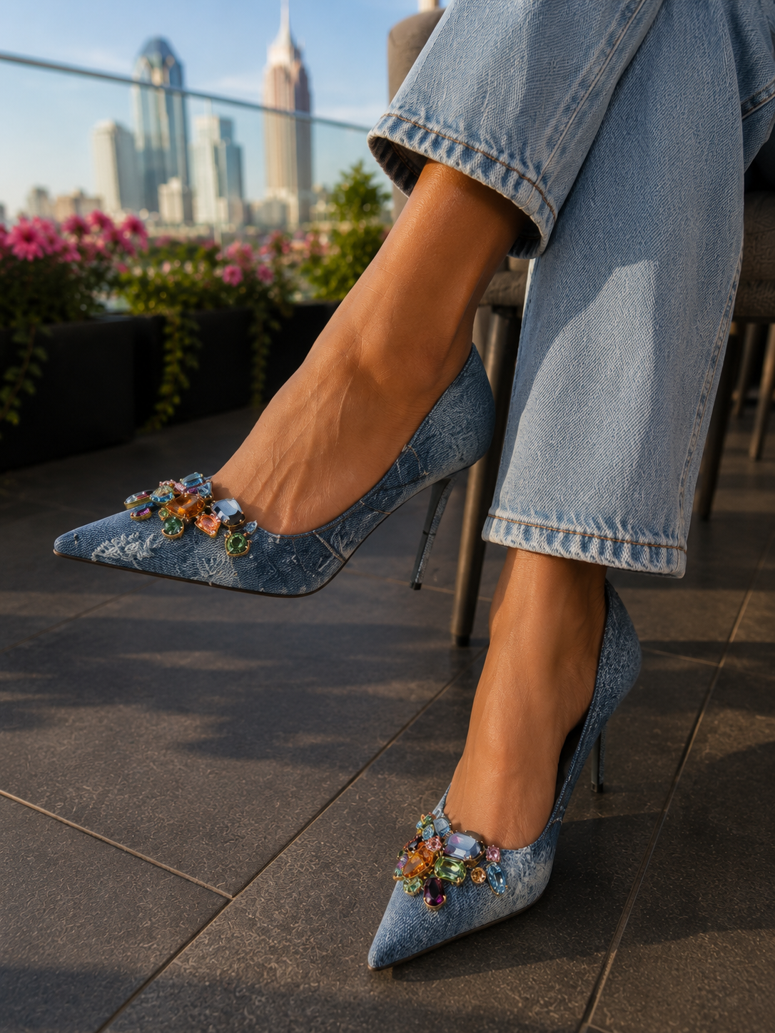 Women's Classic Denim Pump w/ Bejeweled Toe