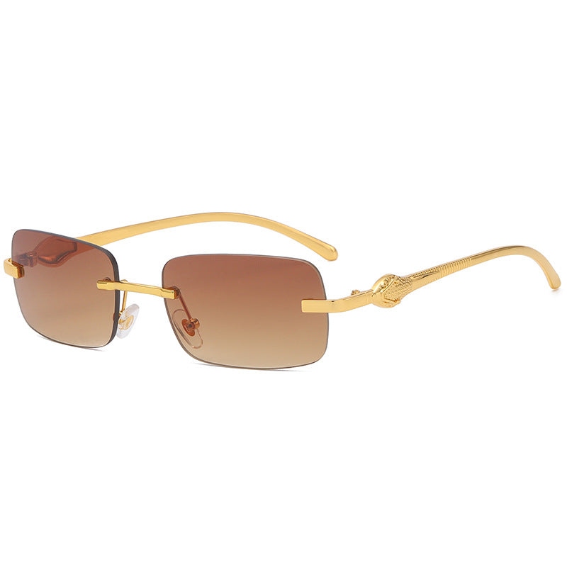 Small Frameless Rectangle Sunglasses w/ Metal Leopard Head