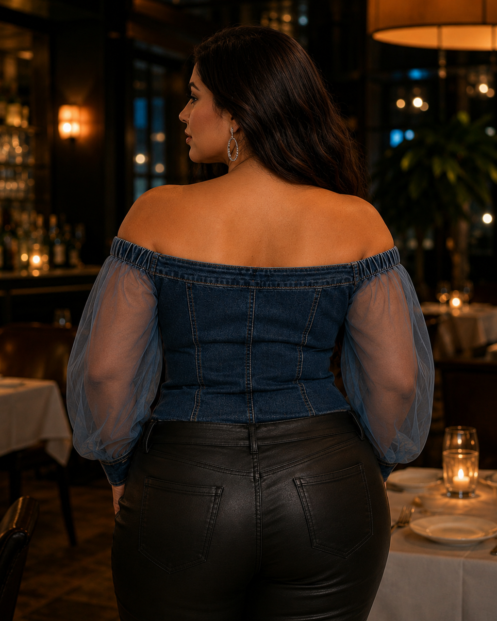Womens Denim Off-Shoulder Chiffon Long-Sleeve Top