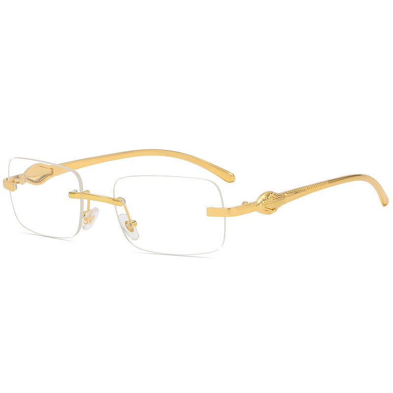 Small Frameless Rectangle Sunglasses w/ Metal Leopard Head