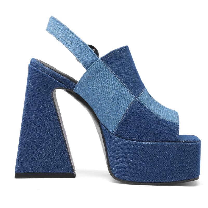 Women's Denim Fish Mouth Splice Platform Heel w/ Sling Back Strap