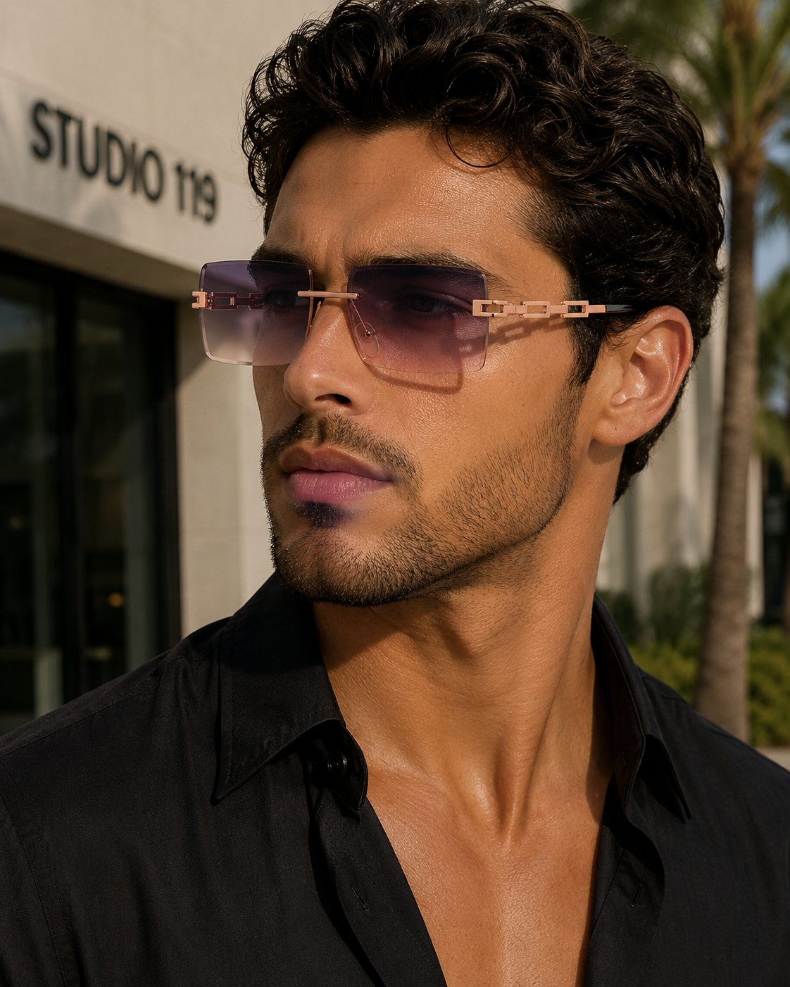 Unisex Rectangle Frameless Sunglasses W/ Metal Chain Leg