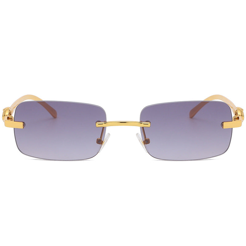 Small Frameless Rectangle Sunglasses w/ Metal Leopard Head