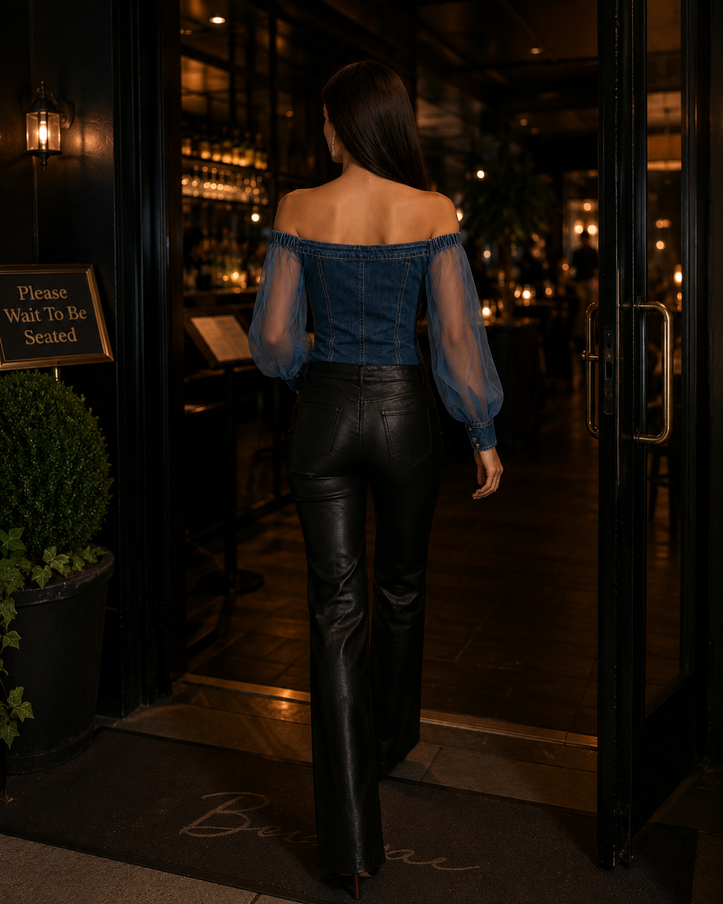 Womens Denim Off-Shoulder Chiffon Long-Sleeve Top