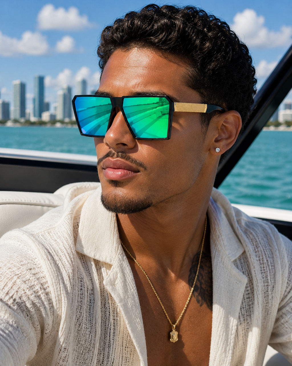 New Unisex Retro Square Oversized Reflective Sunglasses w/ Gold Legs