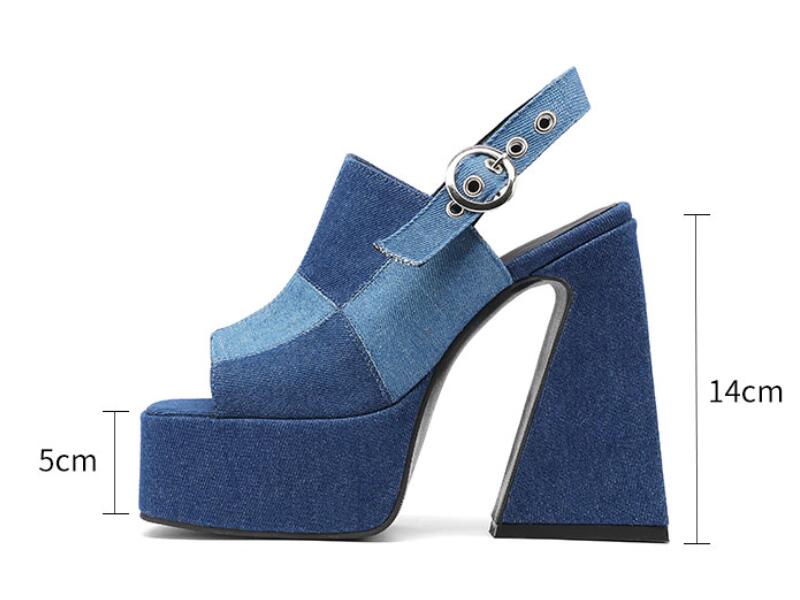 Women's Denim Fish Mouth Splice Platform Heel w/ Sling Back Strap
