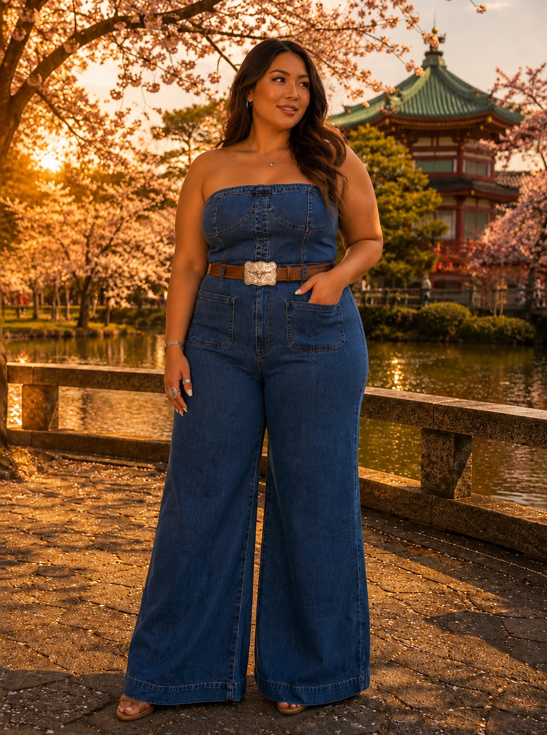 Tube Top Denim Print Wide-Leg Jumpsuit