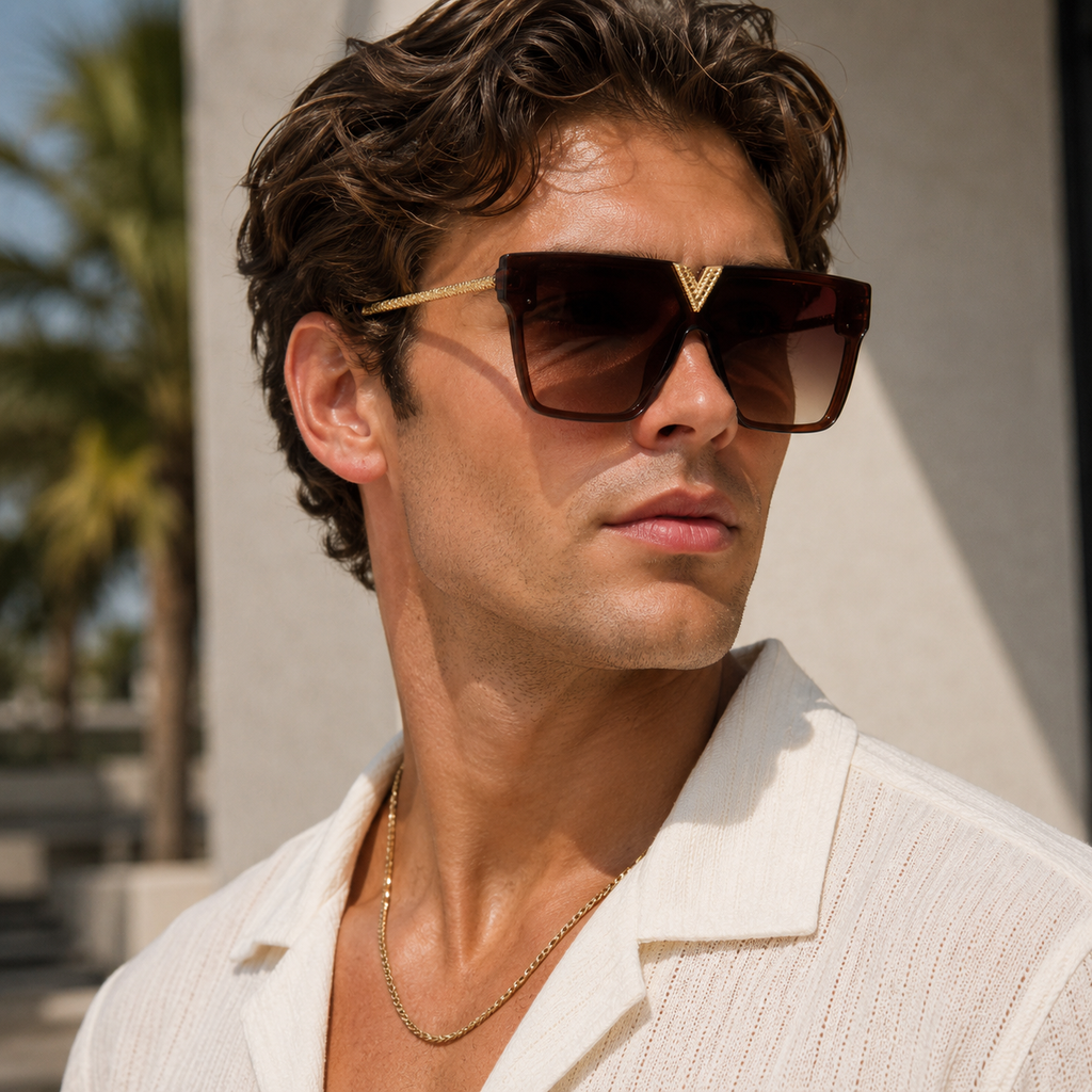 Square Flat Top Sunglasses w/ Gold V Detailed