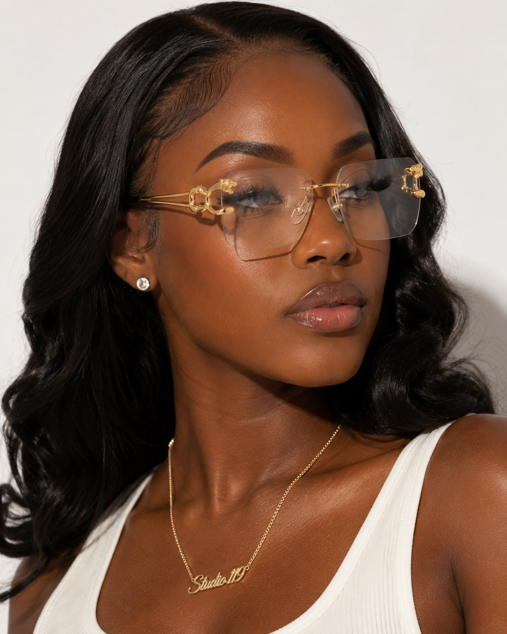 New Vintage Frameless Sunglasses w/ Gold Panther Head