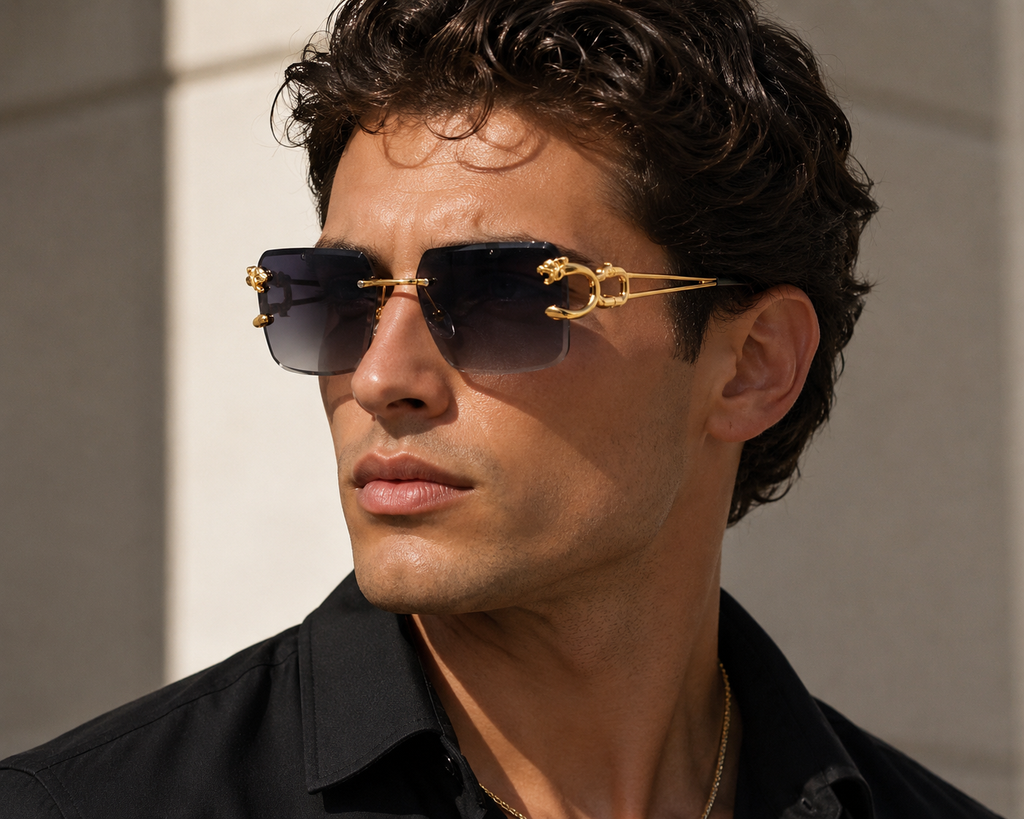 New Vintage Frameless Sunglasses w/ Gold Panther Head