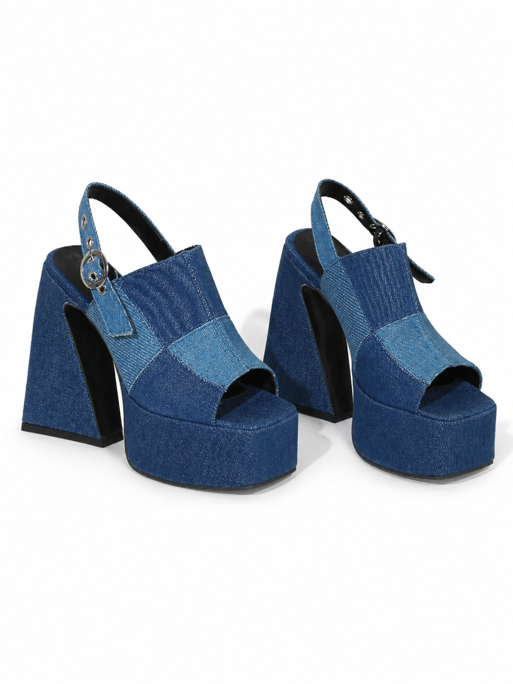 Women's Denim Fish Mouth Splice Platform Heel w/ Sling Back Strap