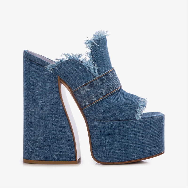 Women's Fish Mouth Denim Muller Platform Heel w/ Frayed Edges