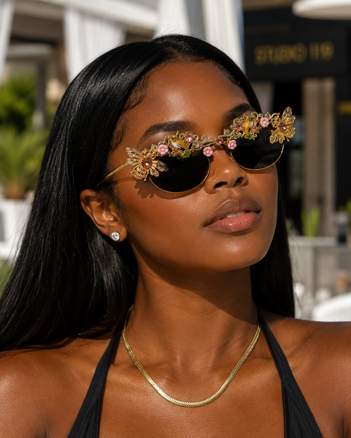 New Women's Luxury Sunglasses w/ Artistic Pearl Inlaid & Gold Legs