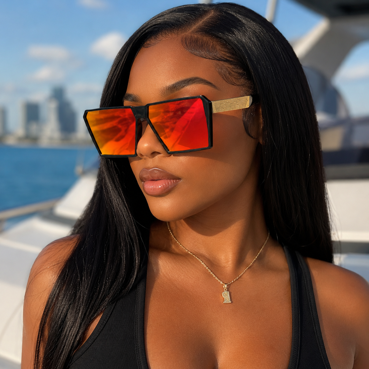 New Unisex Retro Square Oversized Reflective Sunglasses w/ Gold Legs