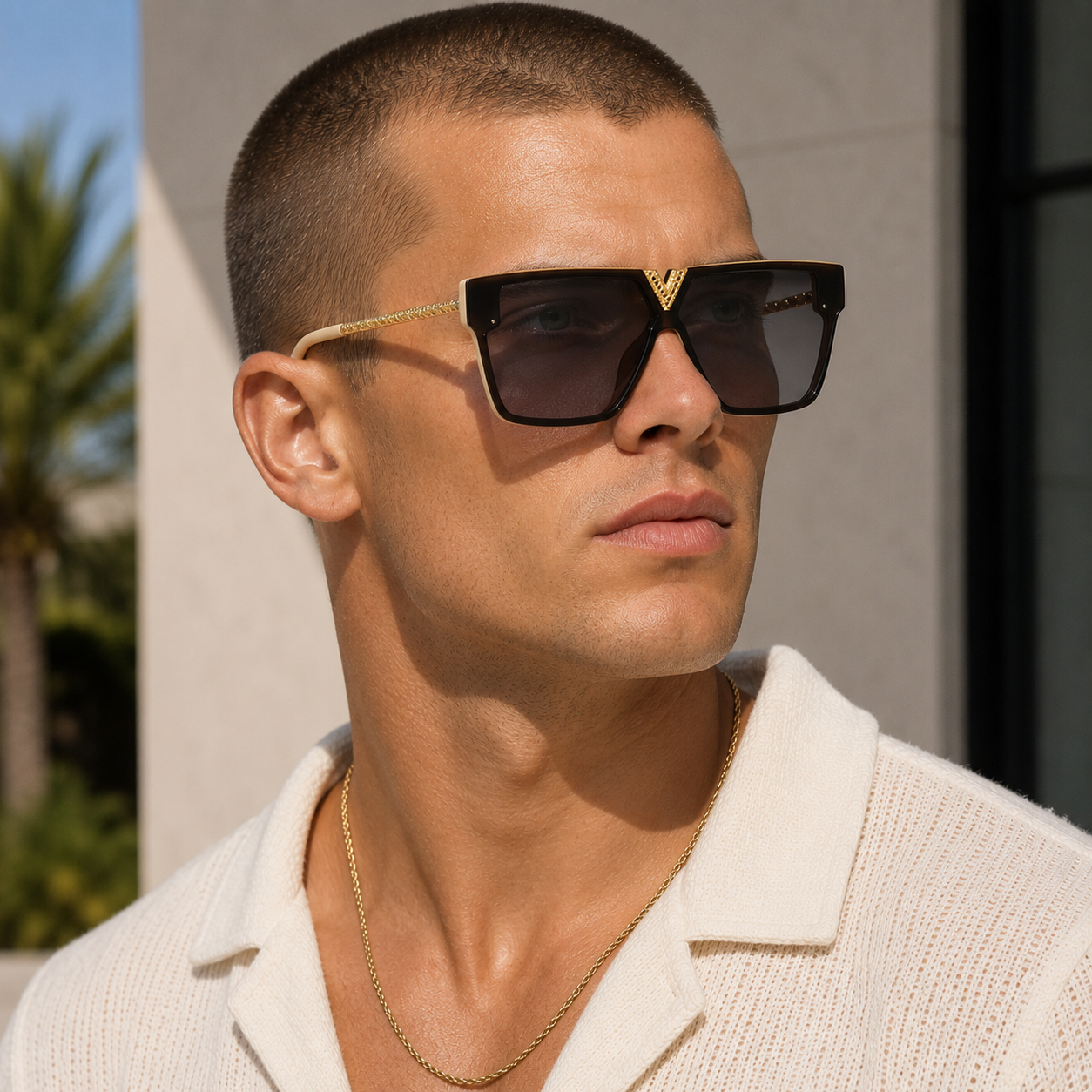 Square Flat Top Sunglasses w/ Gold V Detailed