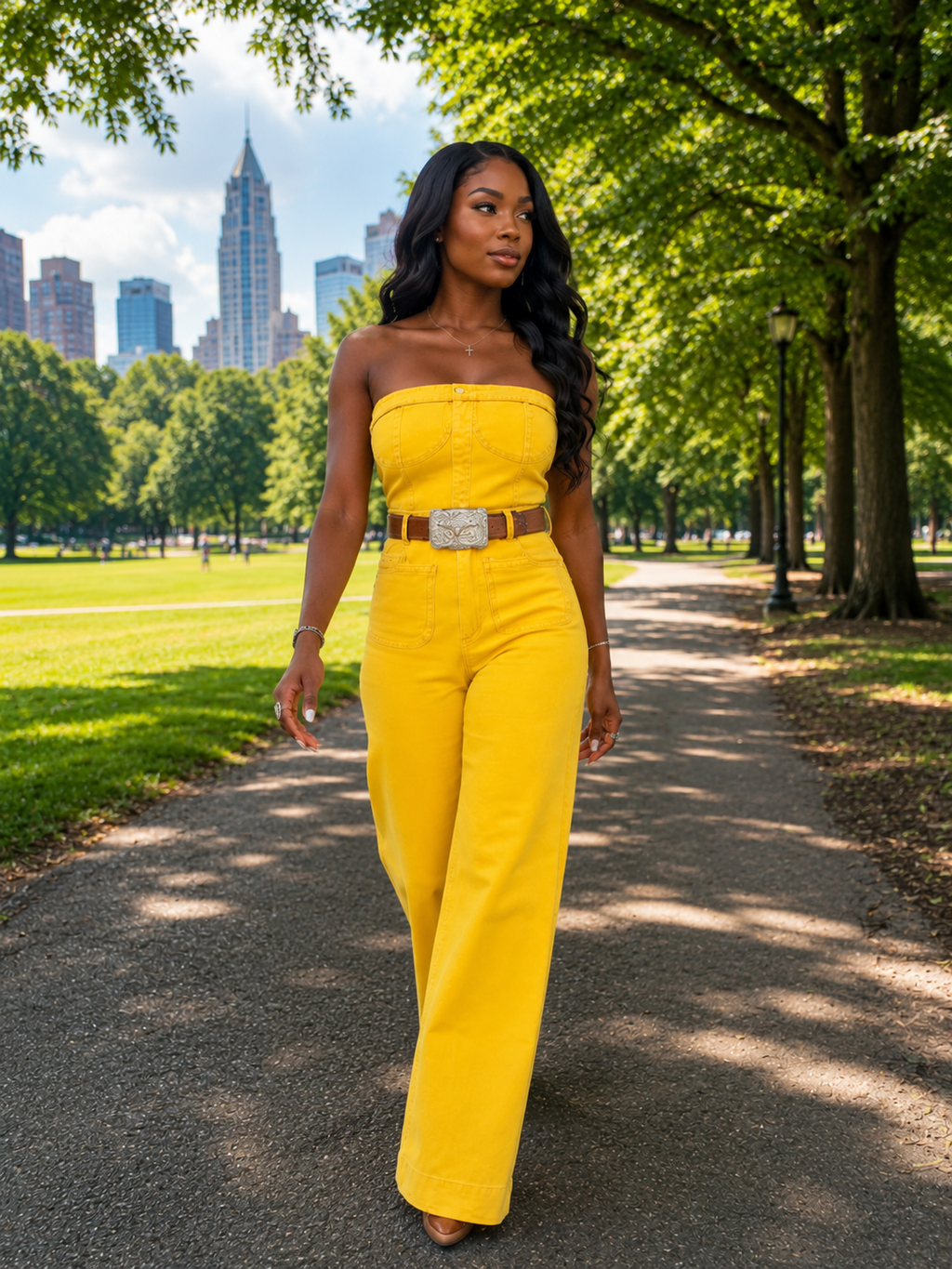 Tube Top Denim Print Wide-Leg Jumpsuit
