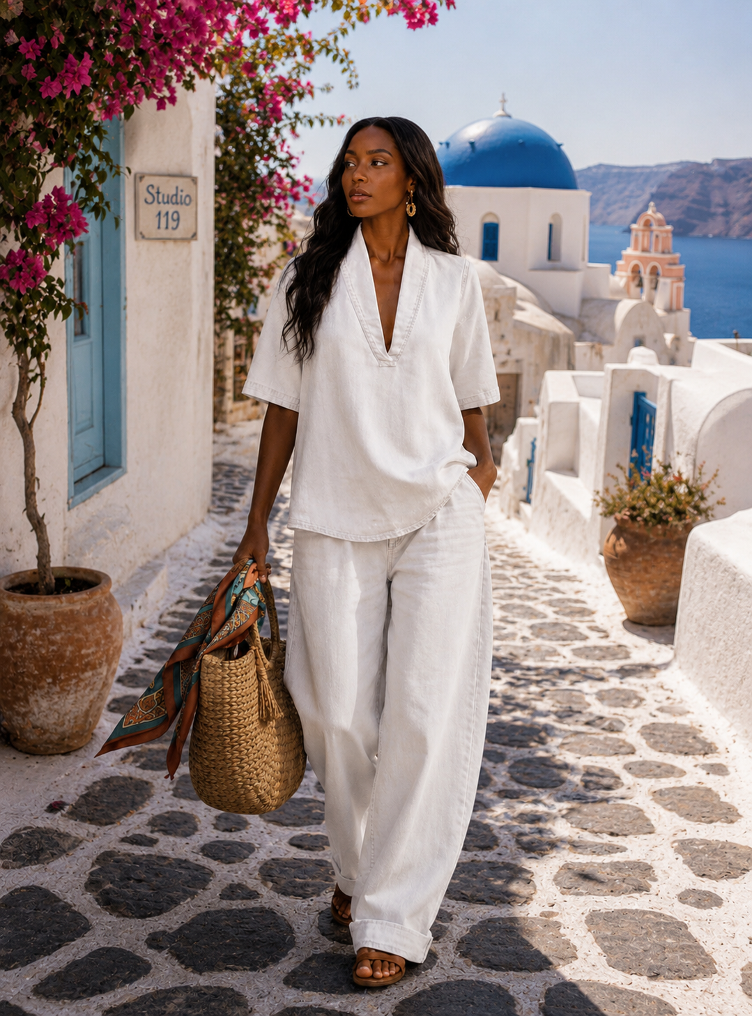 Unisex V-neck Two-piece Denim Set W/ Half-sleeve Top And Wide-leg Pants