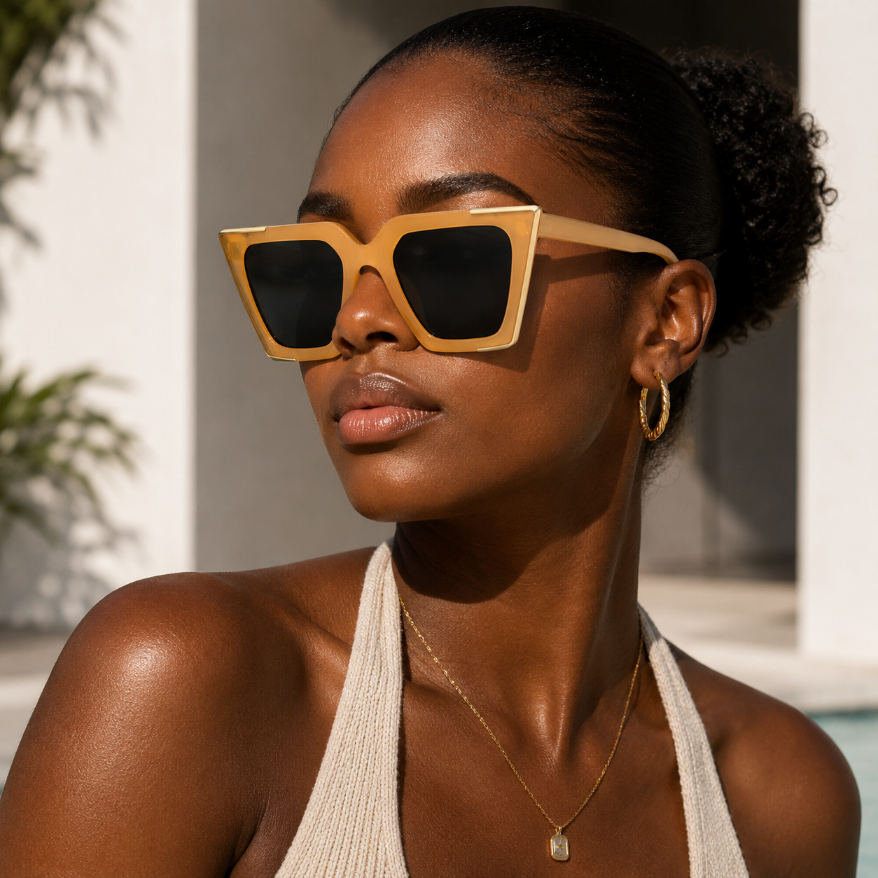 Women's Cat Eye Sunglasses w/ Gold Metal Edge