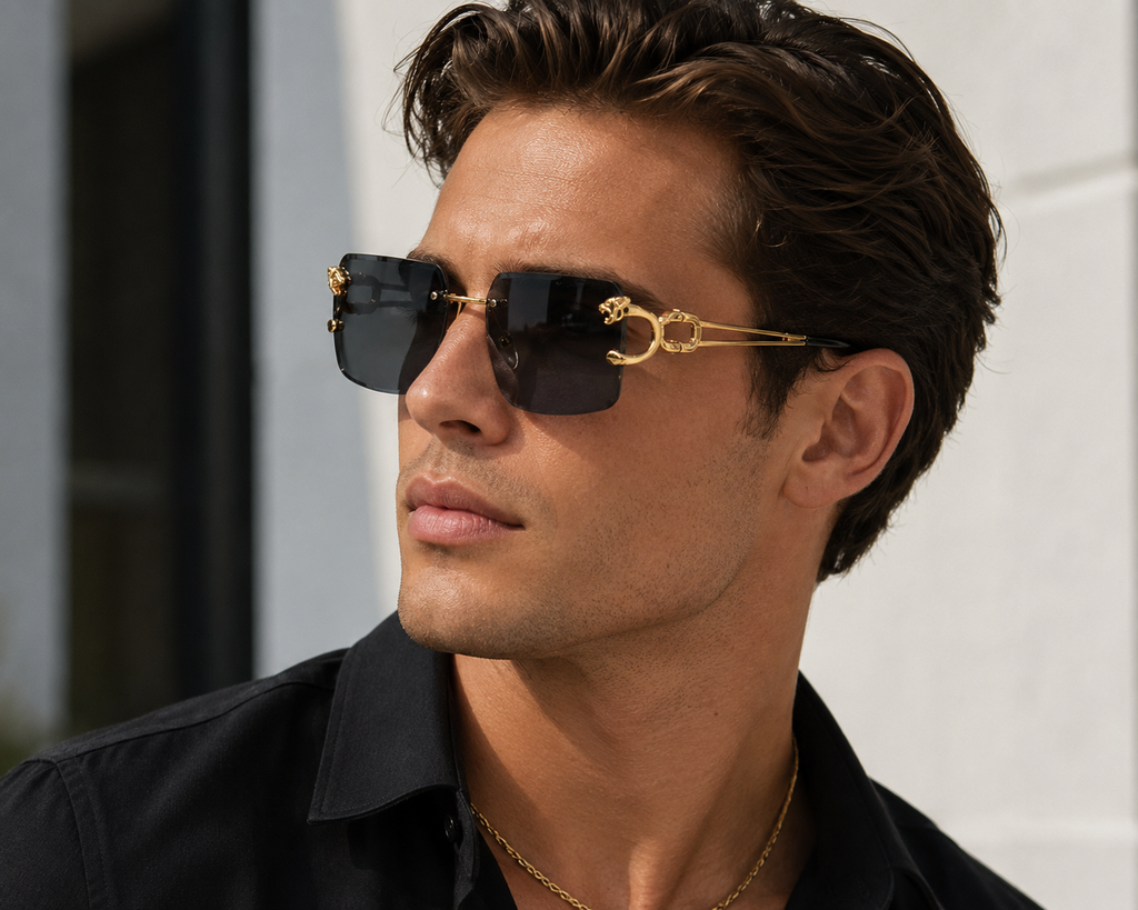 New Vintage Frameless Sunglasses w/ Gold Panther Head