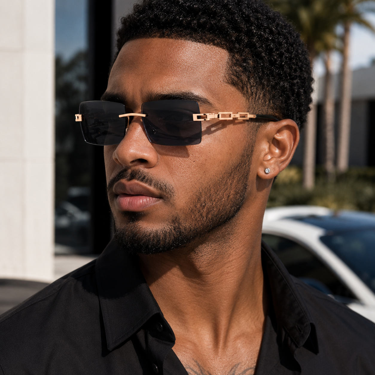 Unisex Rectangle Frameless Sunglasses W/ Metal Chain Leg