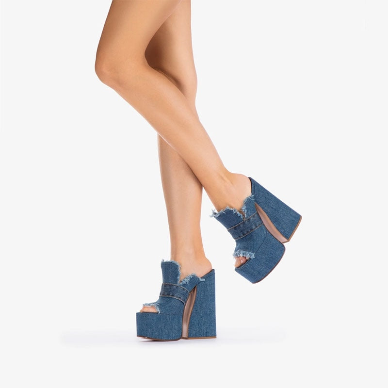 Women's Fish Mouth Denim Muller Platform Heel w/ Frayed Edges