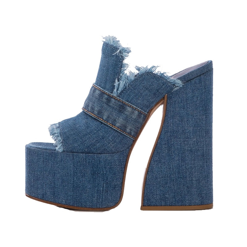 Women's Fish Mouth Denim Muller Platform Heel w/ Frayed Edges