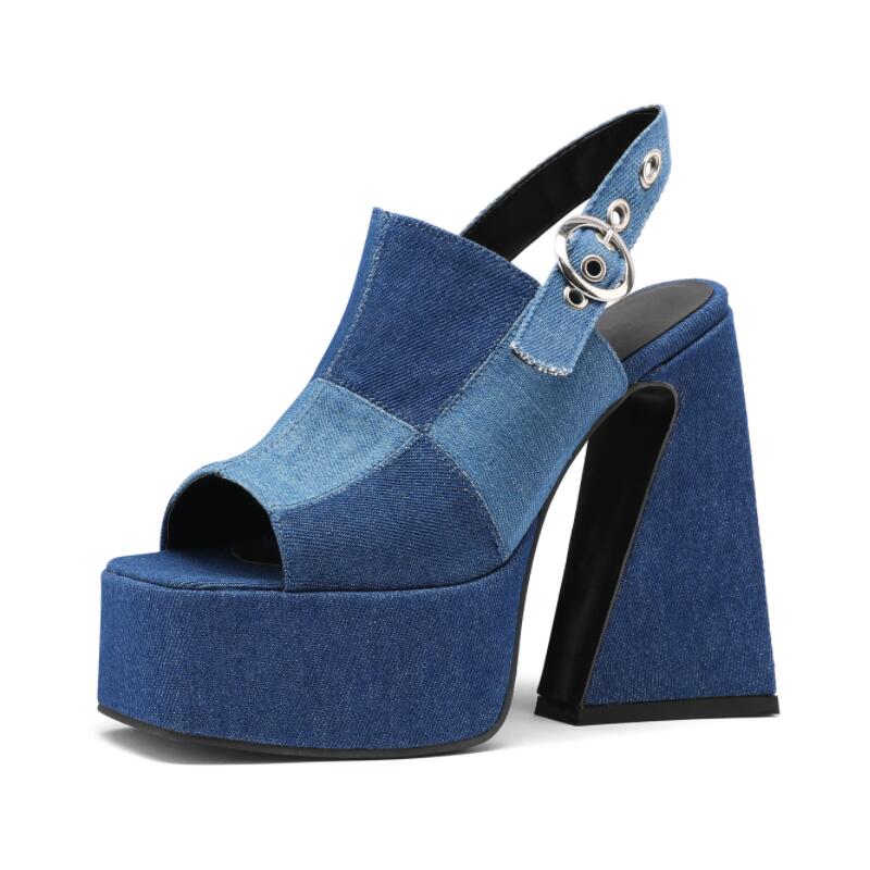 Women's Denim Fish Mouth Splice Platform Heel w/ Sling Back Strap