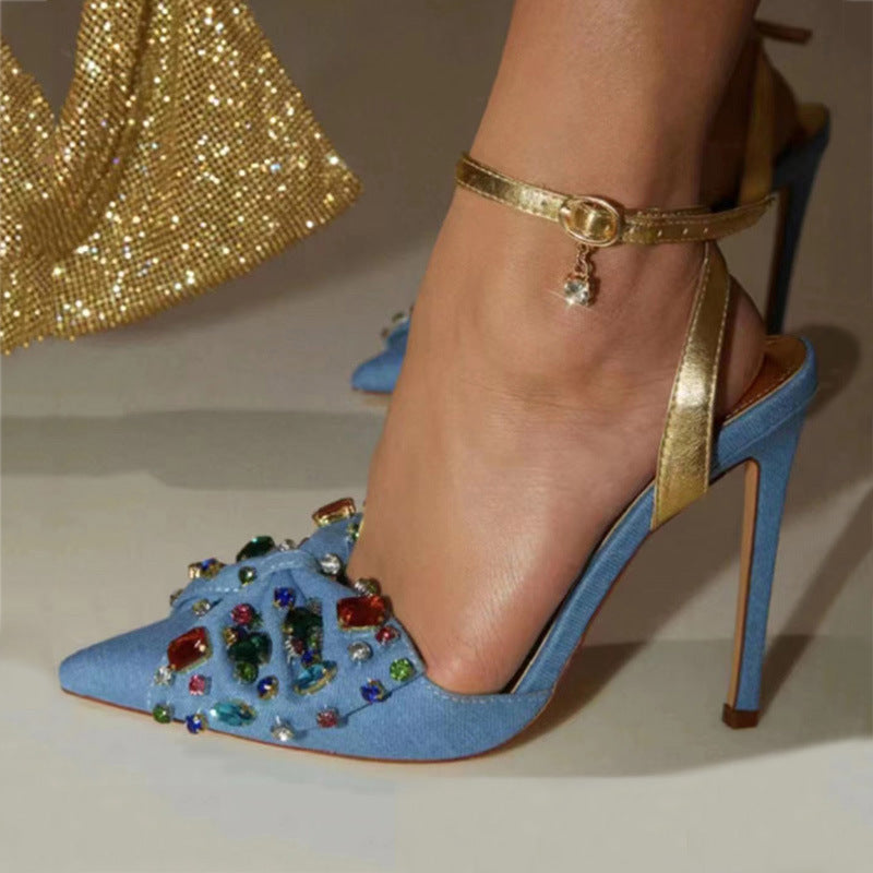 Women's High Heel Pointed Pump w/ Embellished Rhinestone Bow